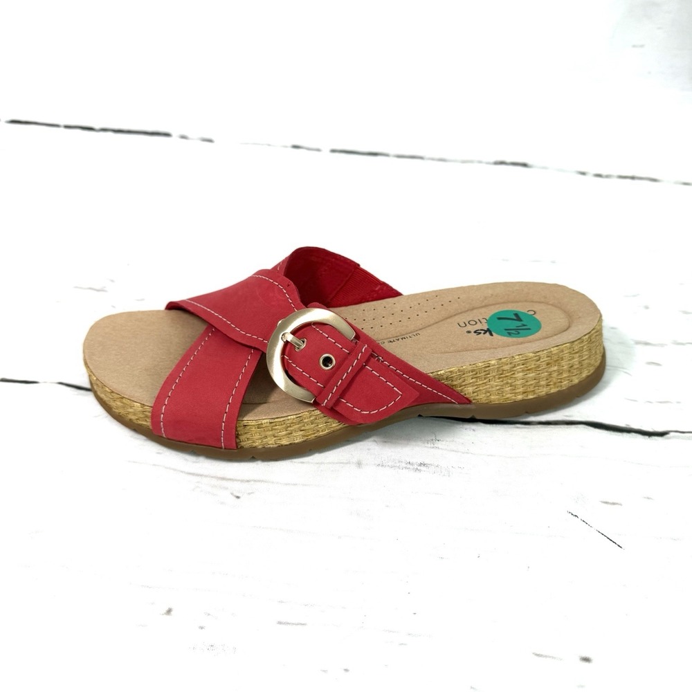 Clarks Sandals Women's 7.5M Cherry Slides Nubuck Reileigh May Wedge Heel New